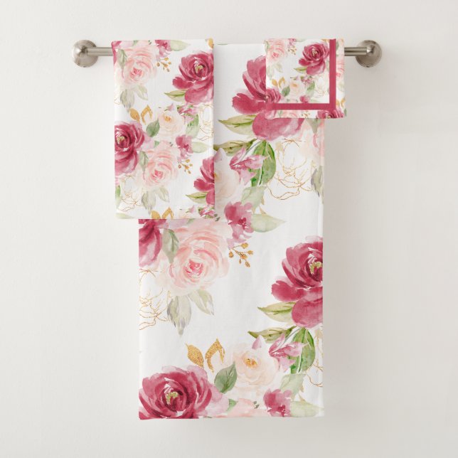 Conjunto De Toalhas PixDezines H2 Flores Rosas Bege Raspberry   (Insitu)