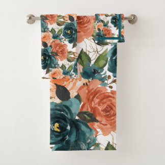 Conjunto De Toalhas PixDezines H2 Verde Teal Rosa Bege Rosas