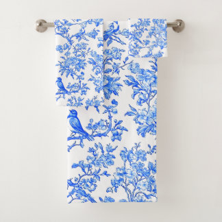 Conjunto De Toalhas PixDezines Ming Azul Chinoiserie, Pássaros Peonias