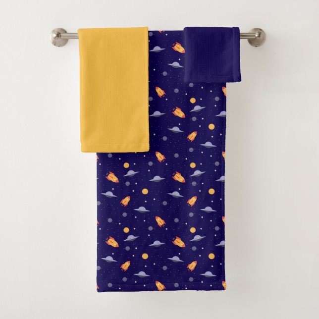 Conjunto De Toalhas Planets stars pattern blue yellow set Towel (Insitu)