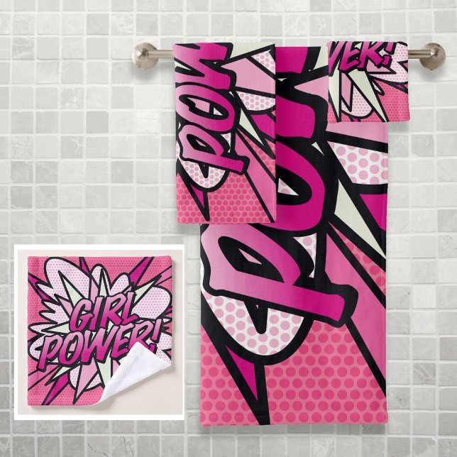 Conjunto De Toalhas PODER FEMININO Diversão Retro Quadrinhos Arte Pop  (GIRL POWER Fun Retro Comic Book Pop Art Pink Bath Towel Set)