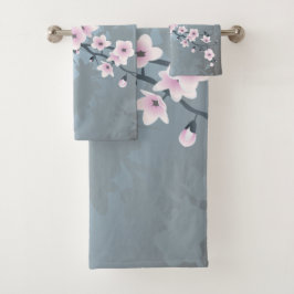 Conjunto De Toalhas Poeira Rosa Desbotado Floral Cerejeira Azul