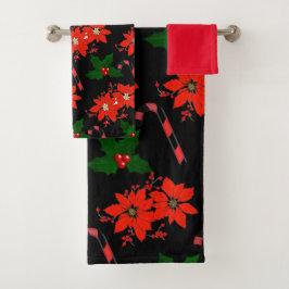 Conjunto De Toalhas Poinsétia Vermelha de Natal e Folhas de Azevinho