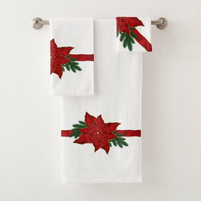 Conjunto De Toalhas Poinsettia De Natal Vermelho Em Branco (Insitu)