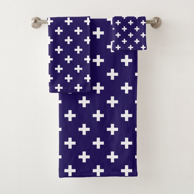 Conjunto De Toalhas Polka branca cruza a azul-marinho (Insitu)