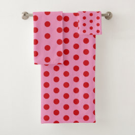 Conjunto De Toalhas Pontos Vermelhos Polka em Rosa