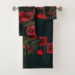 Conjunto De Toalhas Poppies Vermelhos em Preto