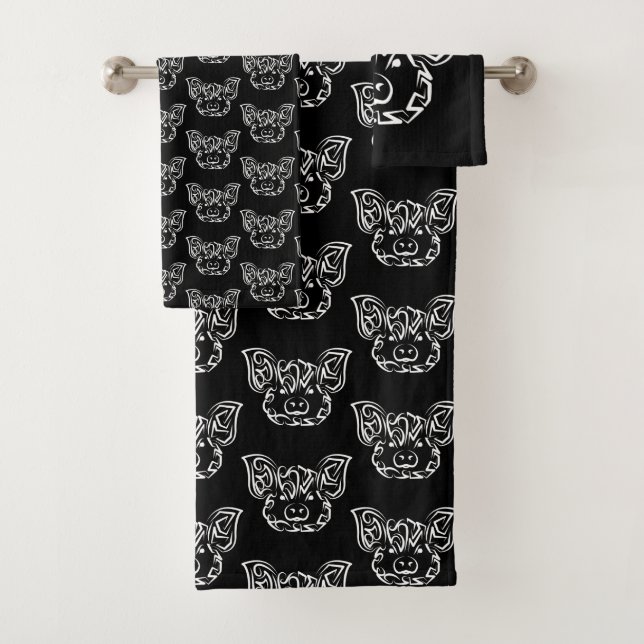 Conjunto De Toalhas Porco Tribal Negro e Branco (Insitu)
