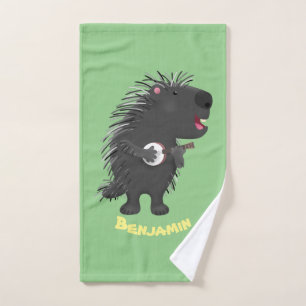 Conjunto De Toalhas Porcupine engraçado bonito tocando cartum banjo