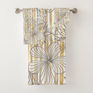 Conjunto De Toalhas Portas Florais De Cinza Bonita Douradas Strips Des