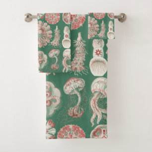 Conjunto De Toalhas Pôster Verde de Água-viva Rosa da Vida Marinha de 