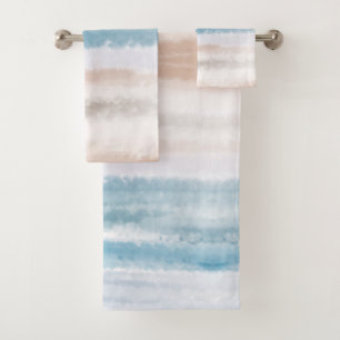 Conjunto De Toalhas Praia Arenosa Ondas do Oceano Aquarela Abstrata