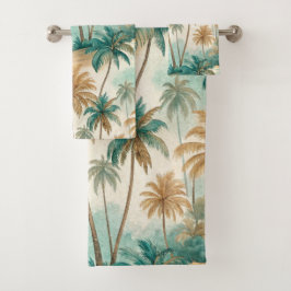 CONJUNTO DE TOALHAS PRAIA TROPICAL VERDE E MARROM COM PALMEIRAS