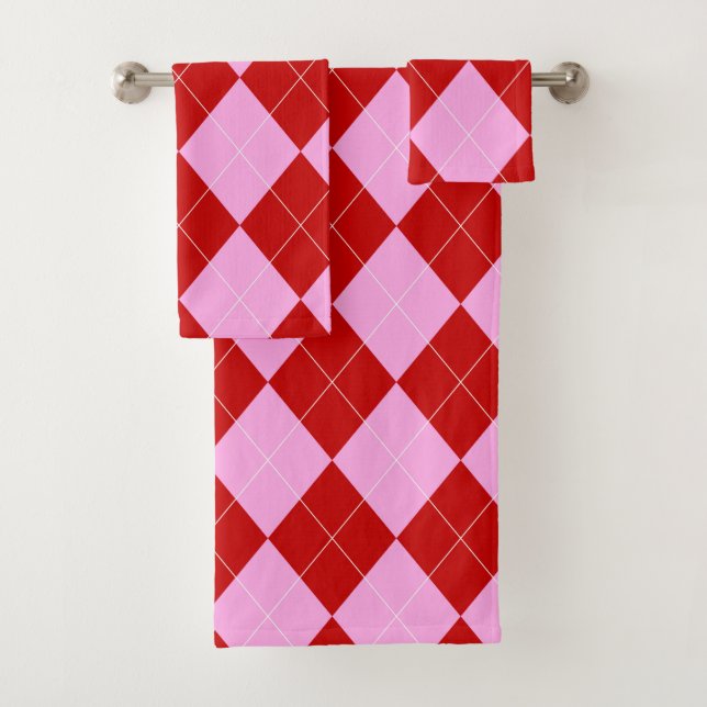 Conjunto De Toalhas Preppy Argyle Tartan Diamond Xadrez Vermelho Rosa (Insitu)