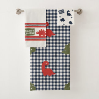 Conjunto De Toalhas Preppy Boys Dinosaur Gingham -  Red & Navy
