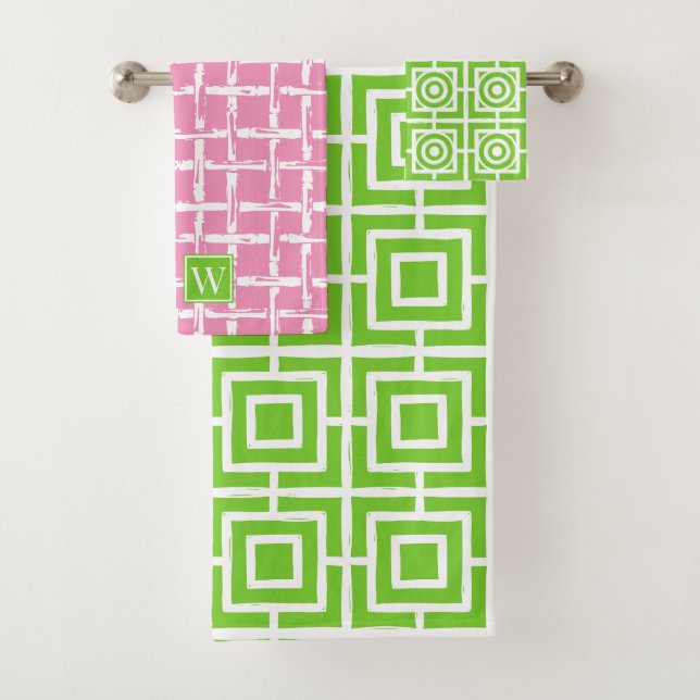 Conjunto De Toalhas Preppy Square Lattice - Pink & Lime Green Monogram (Insitu)