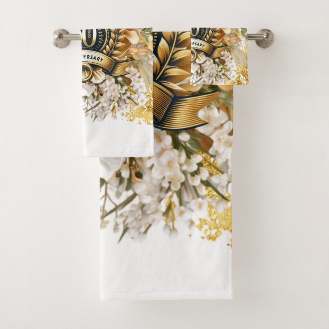 Conjunto De Toalhas Presente branco e Dourado Floral 50 anos (Insitu)