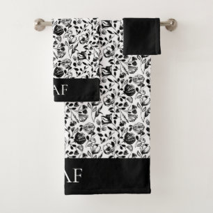 Conjunto De Toalhas Presente de Arte de Linha Floral Preto e Branco Mo