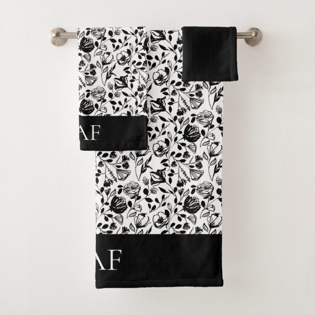 Conjunto De Toalhas Presente de Arte de Linha Floral Preto e Branco Mo (Insitu)