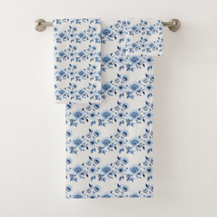 Conjunto De Toalhas Presente de Floral Toile Azul e Branco em Aquarela