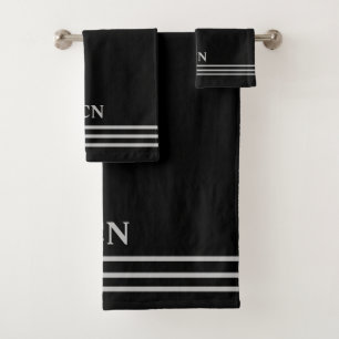Conjunto De Toalhas Presente Listrado Preto e Prata Monogramado