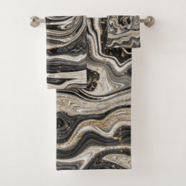 Conjunto De Toalhas Preto Branco e Dourado Chic Swirl Moderno Abstrato