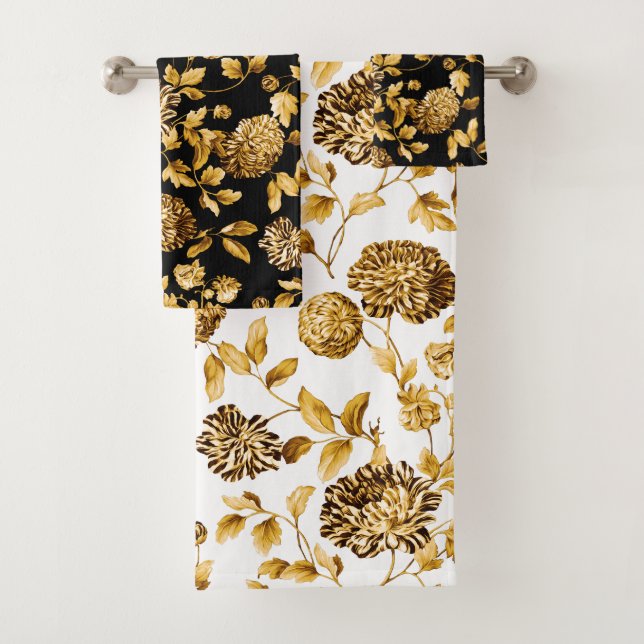 Conjunto De Toalhas Preto Branco e Dourado Decoração Floral Dahlias (Insitu)