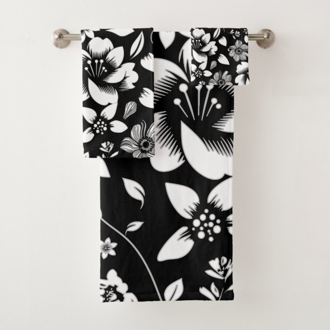 Conjunto De Toalhas Preto Branco Folhas Florais Modernas Soprando (Insitu)