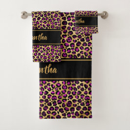 Conjunto De Toalhas Preto Chic Roxo Dourado Estampa de Leopardo Person