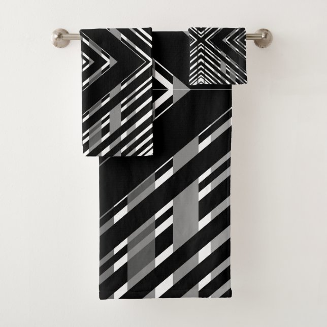 Conjunto De Toalhas Preto Cinza Chevron Código de Barras Listrado (Insitu)