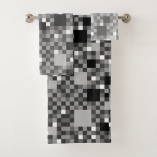 Conjunto De Toalhas Preto digital e Cinzas pequenos quadrados ixelados