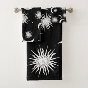 Conjunto De Toalhas Preto e Branco Caprichoso Sol Lua e Estrelas