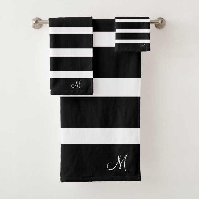 Conjunto De Toalhas Preto e Branco Listras Modernas Monogramadas (Insitu)