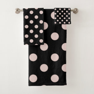 Conjunto De Toalhas Preto e Rosa Claro com Bolinhas