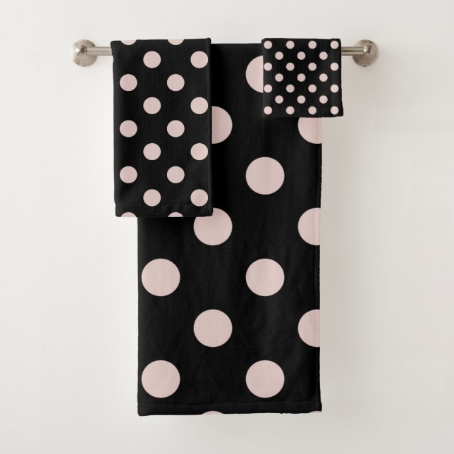 Conjunto De Toalhas Preto e Rosado Pontos de Bolinhas Rosa Claro (Insitu)