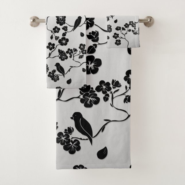 Conjunto De Toalhas Preto em Pássaros de Padrões de Prata e Flores de  (Insitu)