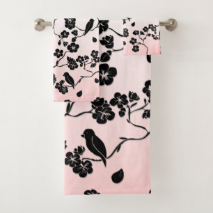 Conjunto De Toalhas Preto em Pássaros Padrões Rosa e Flores de Cereja