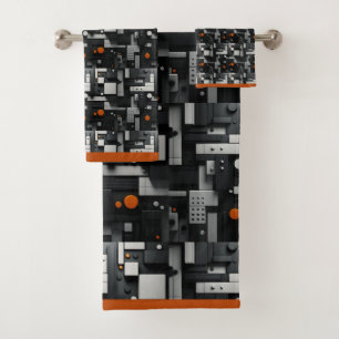 Conjunto De Toalhas Preto Laranja Cinza Geométrico Moderno