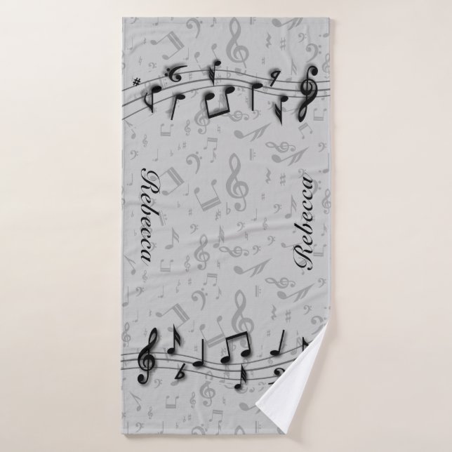 Conjunto De Toalhas Preto personalizado e notas musicais cinzentas (Toalha de Banho)