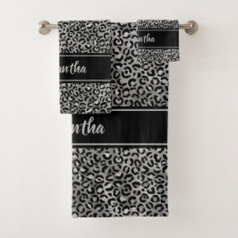 Conjunto De Toalhas Preto Prata Cinza Chic Estampa de Leopardo Persona