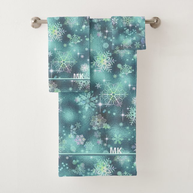 Conjunto De Toalhas Prettiest Snowflakes, Teal ID846 (Insitu)