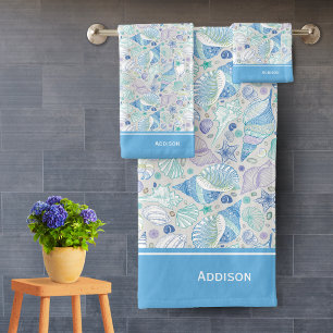 Conjunto De Toalhas Pretty Ocean Seashell Pattern with Name Blue