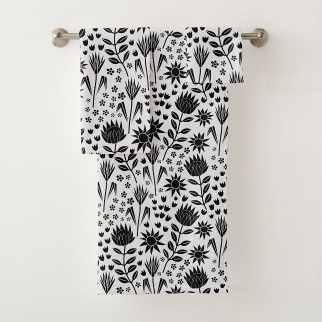 Conjunto De Toalhas Protea Floral Impressão Millefleur preto branco (Insitu)