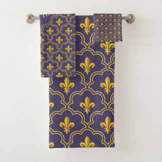 Conjunto De Toalhas Purple and gold fleur-de-lys quatrefoil pattern