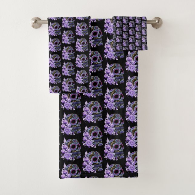 Conjunto De Toalhas Purple Floral Black Sugar Skull Dia Dos Mortos (Insitu)
