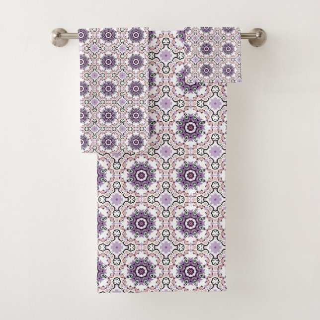 Conjunto De Toalhas Purple, white and gray geometric mandala pattern  (Insitu)