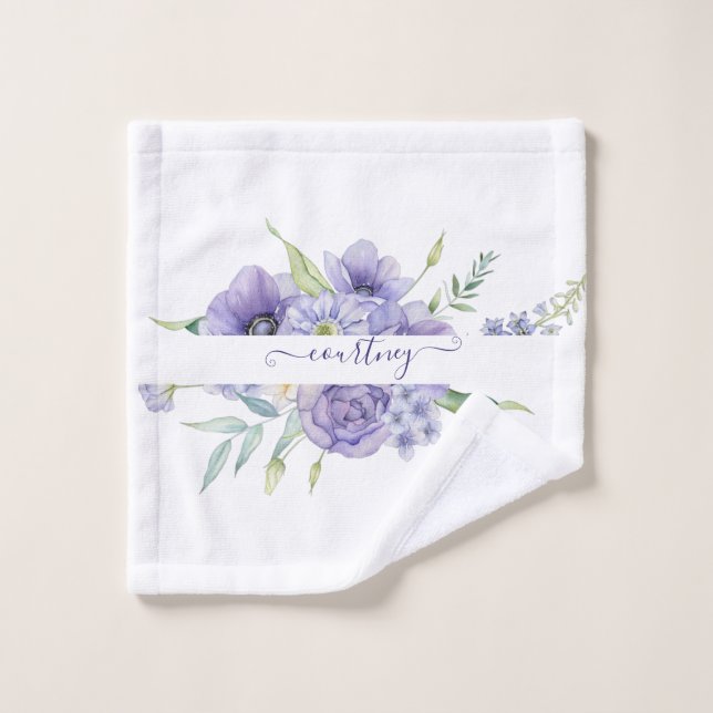 Conjunto De Toalhas Púrpura aquarela floral personalizada (Pano de lavar)