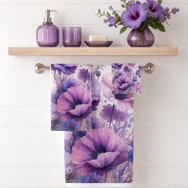 Conjunto De Toalhas Púrpura Hibisco Floral Aquarela