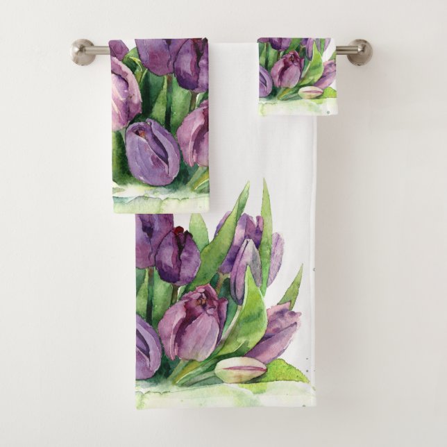 Conjunto De Toalhas Púrpura Tulipas Floral De Aquarela (Insitu)