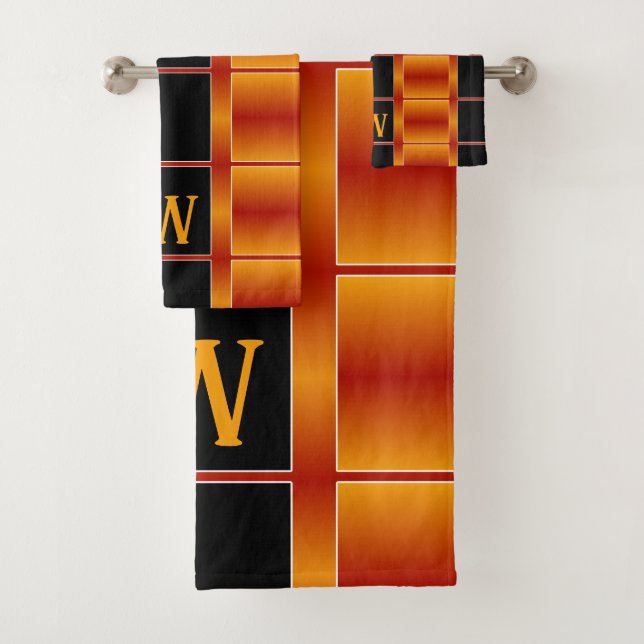 Conjunto De Toalhas Quadrados Laranja Pretos E Ouros Geométricos (Insitu)